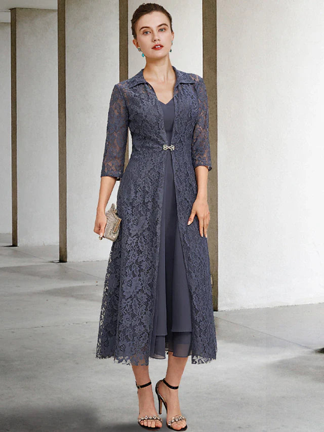 Wholesale A-Line Mother of the Bride Dress Elegant V Neck Tea Length Chiffon Lace Sleeveless Jacket Dresses with Tier Solid Color